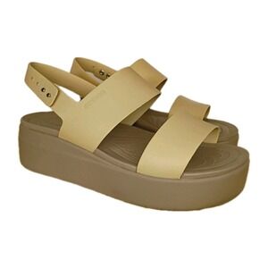 Crocs Sandals Womens Size 8 Tan Brooklyn Low Wedge LiteRide Platform Slingback